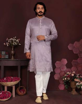 Lavender premium smart silk embroidery sequence work straight men's kurta pyjama 1