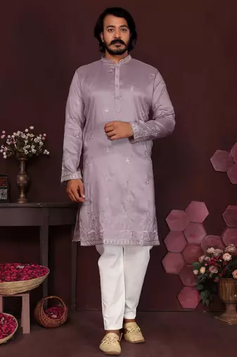 Lavender premium smart silk embroidery sequence work straight men's kurta pyjama