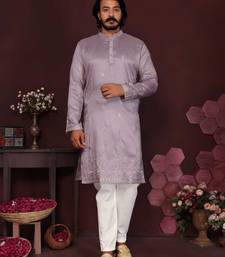 Lavender premium smart silk embroidery sequence work straight men's kurta pyjama