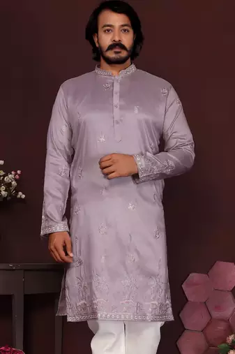 Lavender premium smart silk embroidery sequence work straight men's kurta pyjama