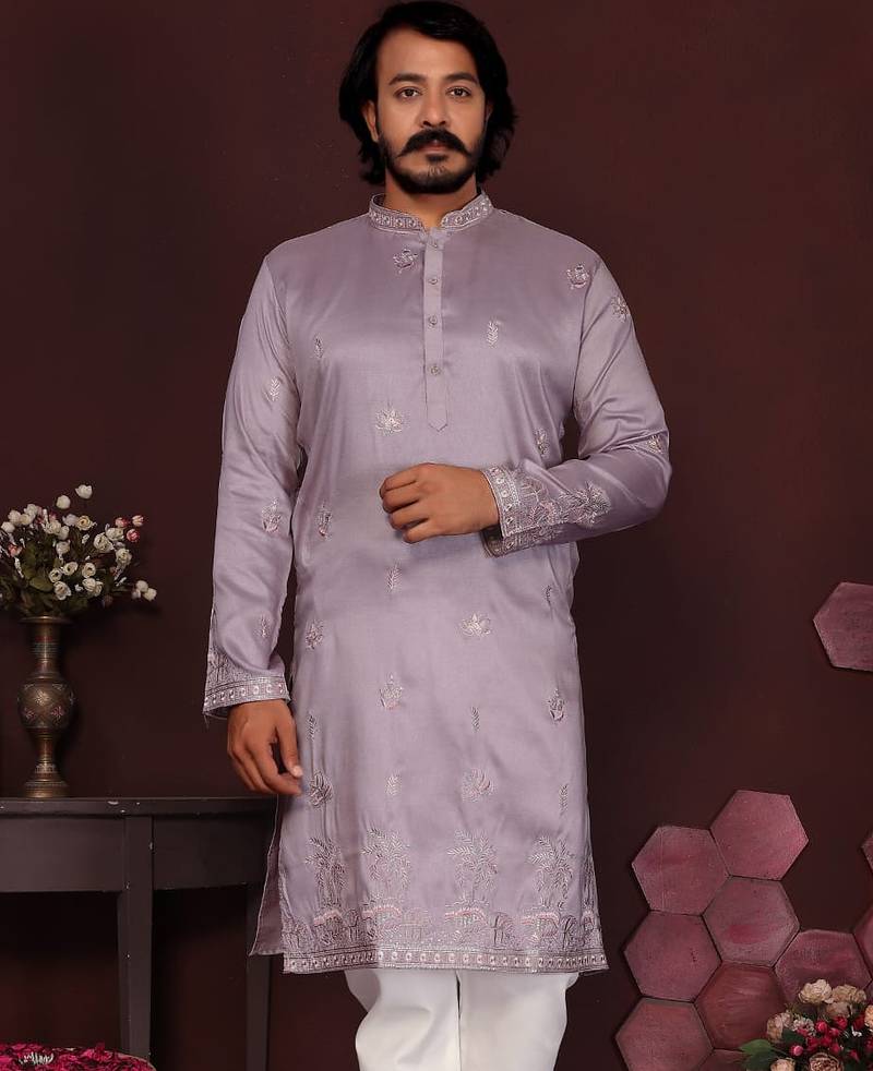 Lavender premium smart silk embroidery sequence work straight men's kurta pyjama