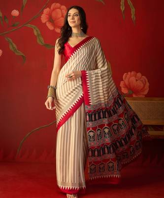 Beige satin printed saree with unstitched blouse piece. 2