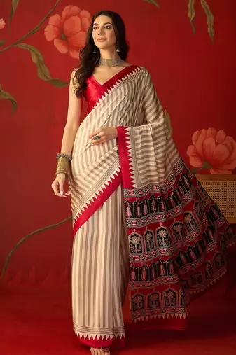 Beige satin printed saree with unstitched blouse piece.
