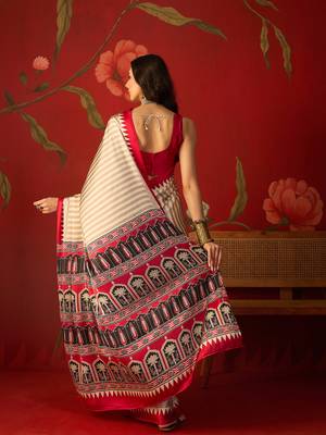 Beige satin printed saree with unstitched blouse piece. 3