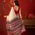 Beige satin printed saree with unstitched blouse piece.