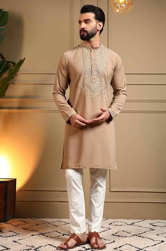 Beige armani lachko embroidery sequence work straight men's kurta pyjama