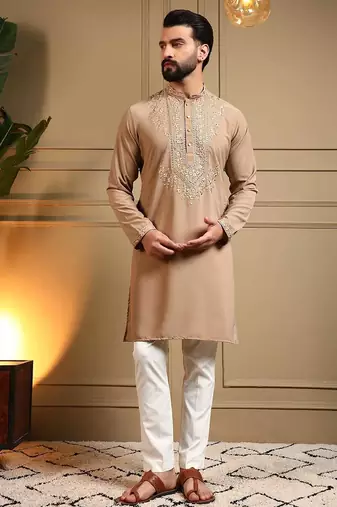 Beige armani lachko embroidery sequence work straight men's kurta pyjama