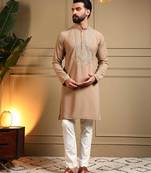 Beige armani lachko embroidery sequence work straight men's kurta pyjama