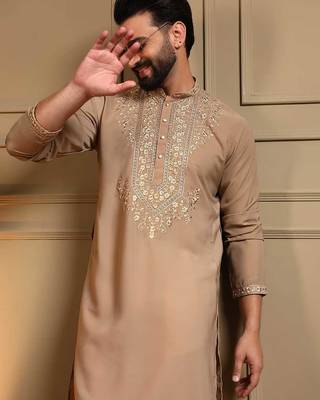Beige armani lachko embroidery sequence work straight men's kurta pyjama 2