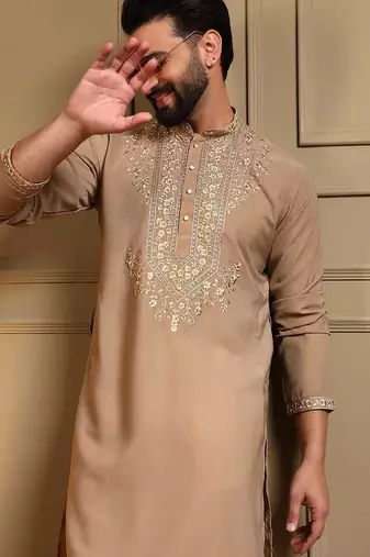 Beige armani lachko embroidery sequence work straight men's kurta pyjama