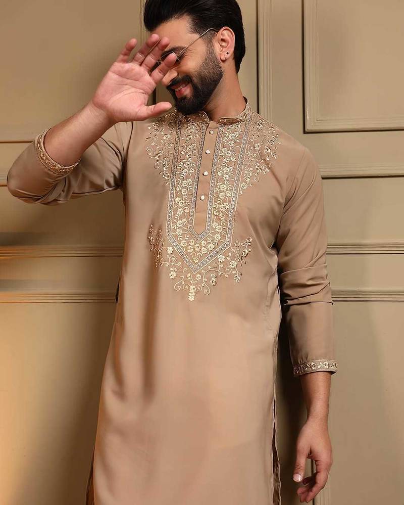 Beige armani lachko embroidery sequence work straight men's kurta pyjama