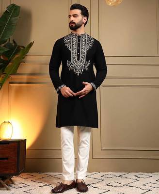 Black armani lachko embroidery sequence work straight men's kurta pyjama 1