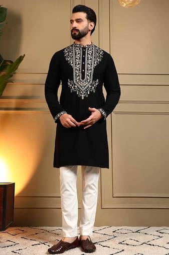 Black armani lachko embroidery sequence work straight men's kurta pyjama