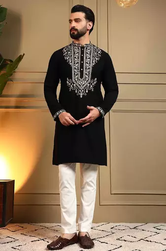 Black armani lachko embroidery sequence work straight men's kurta pyjama