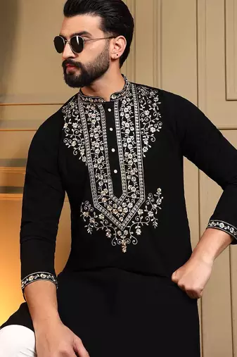 Black armani lachko embroidery sequence work straight men's kurta pyjama