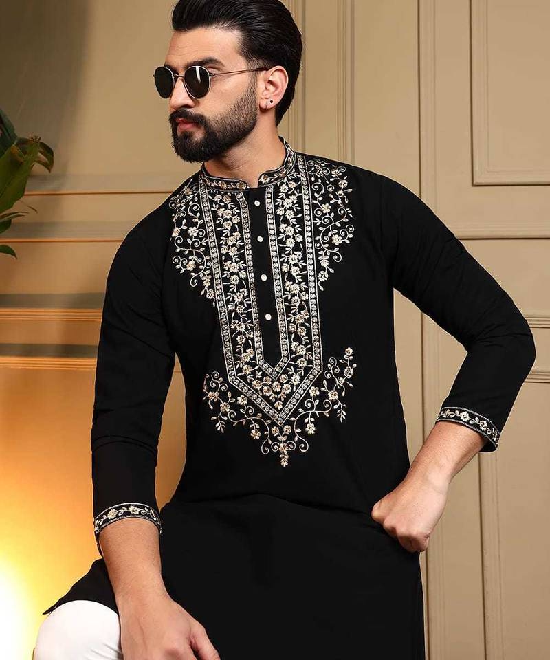 Black armani lachko embroidery sequence work straight men's kurta pyjama