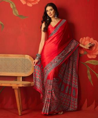Red satin ajrakh printed saree with unstitched blouse piece. 2