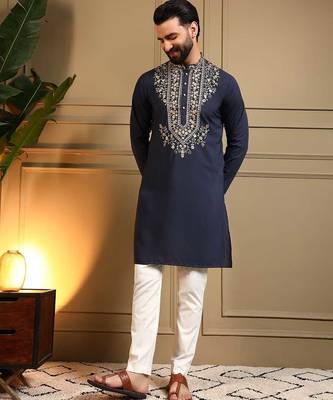 Navy blue armani lachko embroidery sequence work straight men's kurta pyjama 1