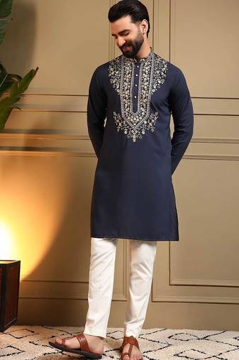 Navy blue armani lachko embroidery sequence work straight men's kurta pyjama