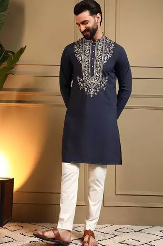 Navy blue armani lachko embroidery sequence work straight men's kurta pyjama