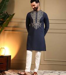 Navy blue armani lachko embroidery sequence work straight men's kurta pyjama