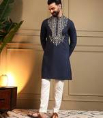 Navy blue armani lachko embroidery sequence work straight men's kurta pyjama