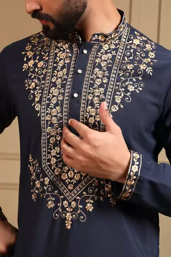 Navy blue armani lachko embroidery sequence work straight men's kurta pyjama