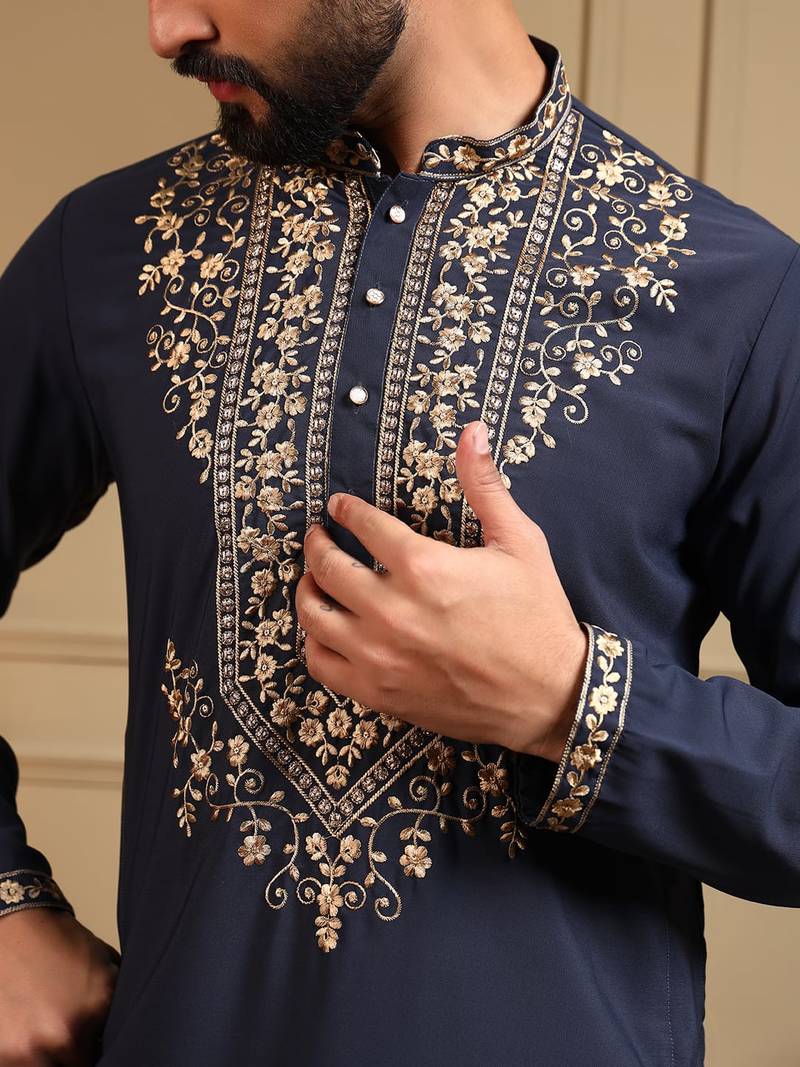 Navy blue armani lachko embroidery sequence work straight men's kurta pyjama