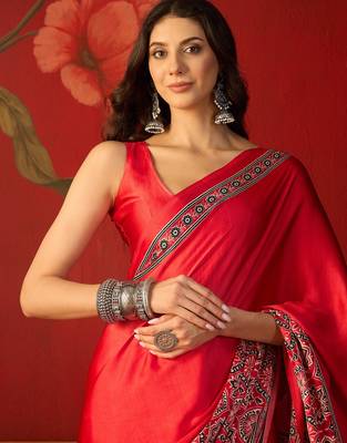 Red satin ajrakh printed saree with unstitched blouse piece. 4