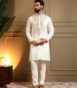 White armani lachko embroidery sequence work straight men's kurta pyjama