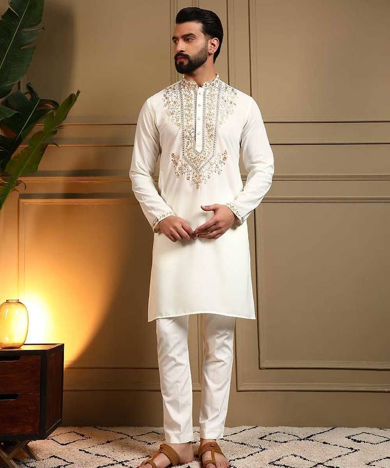 White armani lachko embroidery sequence work straight men's kurta pyjama