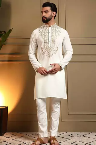 White armani lachko embroidery sequence work straight men's kurta pyjama