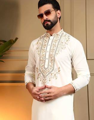 White armani lachko embroidery sequence work straight men's kurta pyjama 3