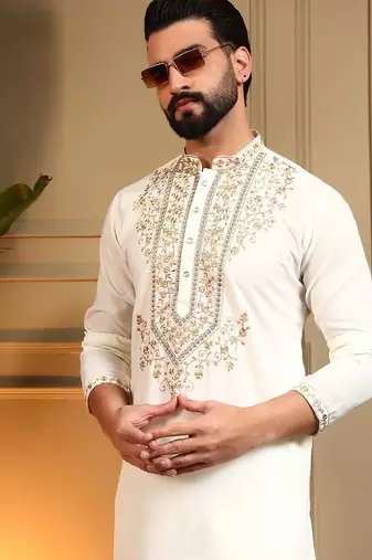 White armani lachko embroidery sequence work straight men's kurta pyjama