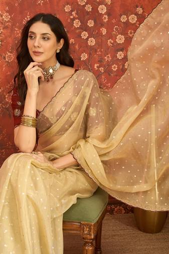Beige chiffon embroidered saree with unstitched blouse piece.