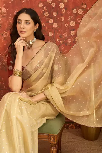 Beige chiffon embroidered saree with unstitched blouse piece.