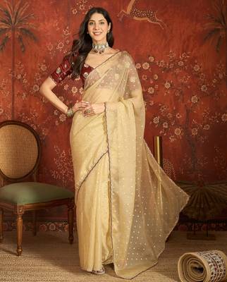 Beige chiffon embroidered saree with unstitched blouse piece. 2