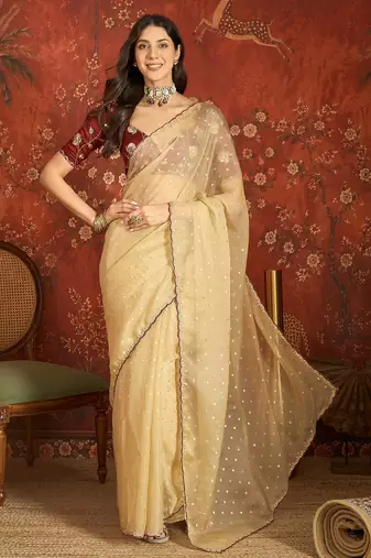 Beige chiffon embroidered saree with unstitched blouse piece.