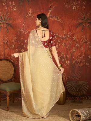 Beige chiffon embroidered saree with unstitched blouse piece. 3