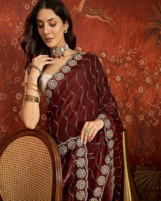 Maroon tissue embroidered saree with unstitched blouse piece. 2