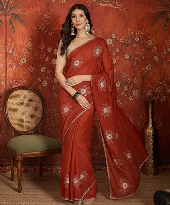 Rust chiffon embroidered saree with unstitched blouse piece. 2