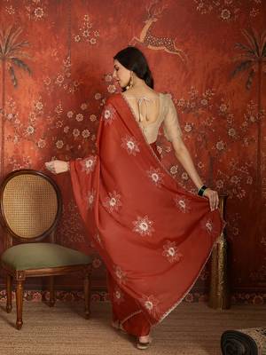 Rust chiffon embroidered saree with unstitched blouse piece. 4