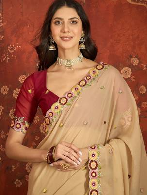 Beige chiffon embroidered saree with unstitched blouse piece. 3