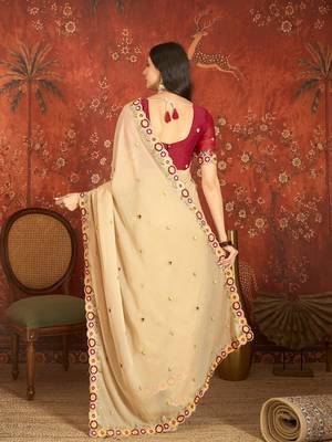 Beige chiffon embroidered saree with unstitched blouse piece. 4