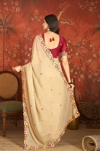 Beige chiffon embroidered saree with unstitched blouse piece.