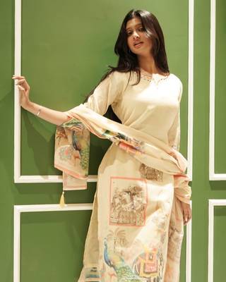 Beige Co-ord Kurta Set with Royal Peacock & Elephant Prints – Pure Cotton Summer Suit 1