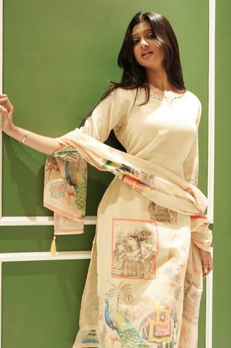 Beige Co-ord Kurta Set with Royal Peacock & Elephant Prints – Pure Cotton Summer Suit