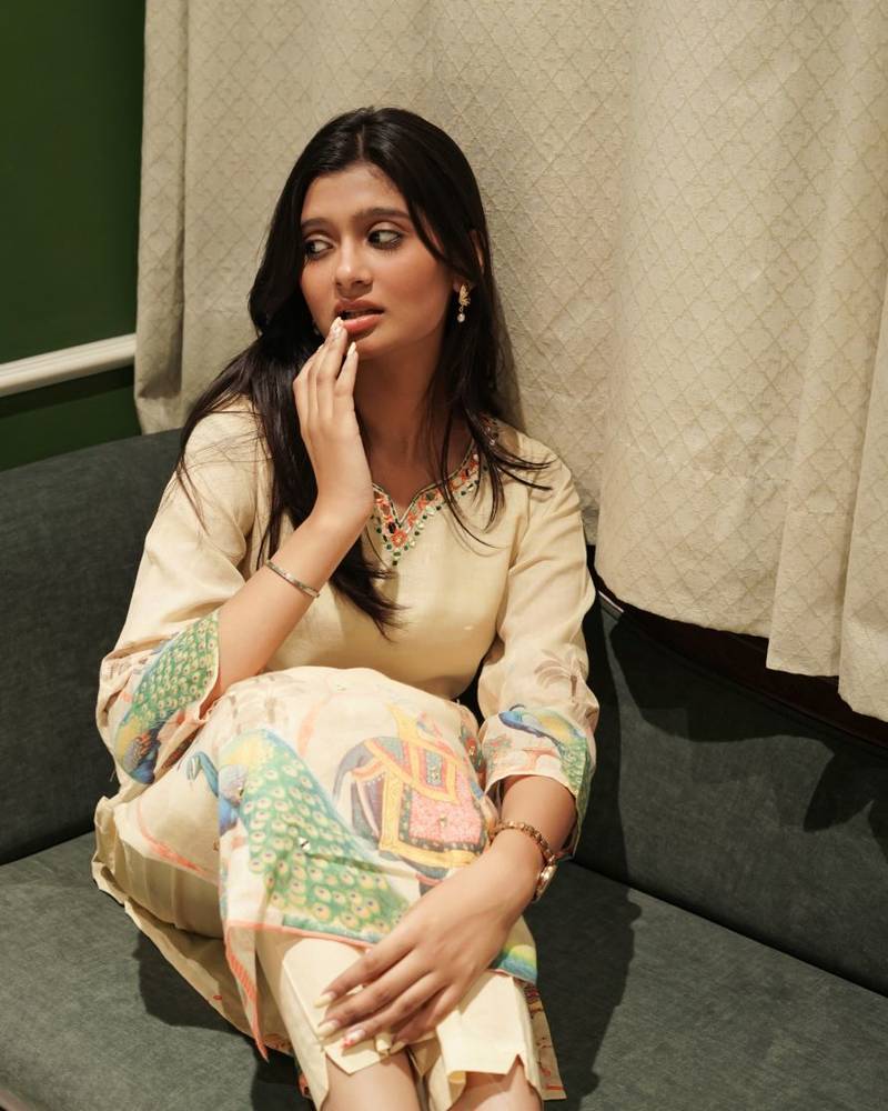 Beige Co-ord Kurta Set with Royal Peacock & Elephant Prints – Pure Cotton Summer Suit