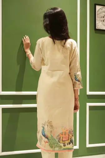 Beige Co-ord Kurta Set with Royal Peacock & Elephant Prints – Pure Cotton Summer Suit