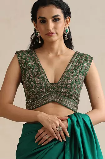 Emerald green embroidered silk blouse